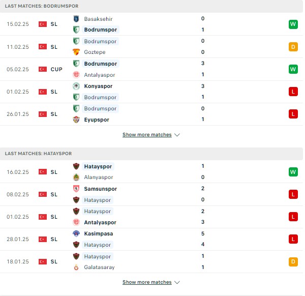 Phong độ Bodrum vs Hatayspor