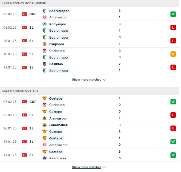 Phong độ Bodrumspor vs Goztepe