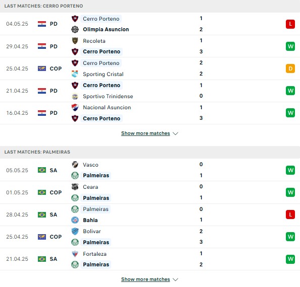 Phong độ Cerro Porteno vs Palmeiras